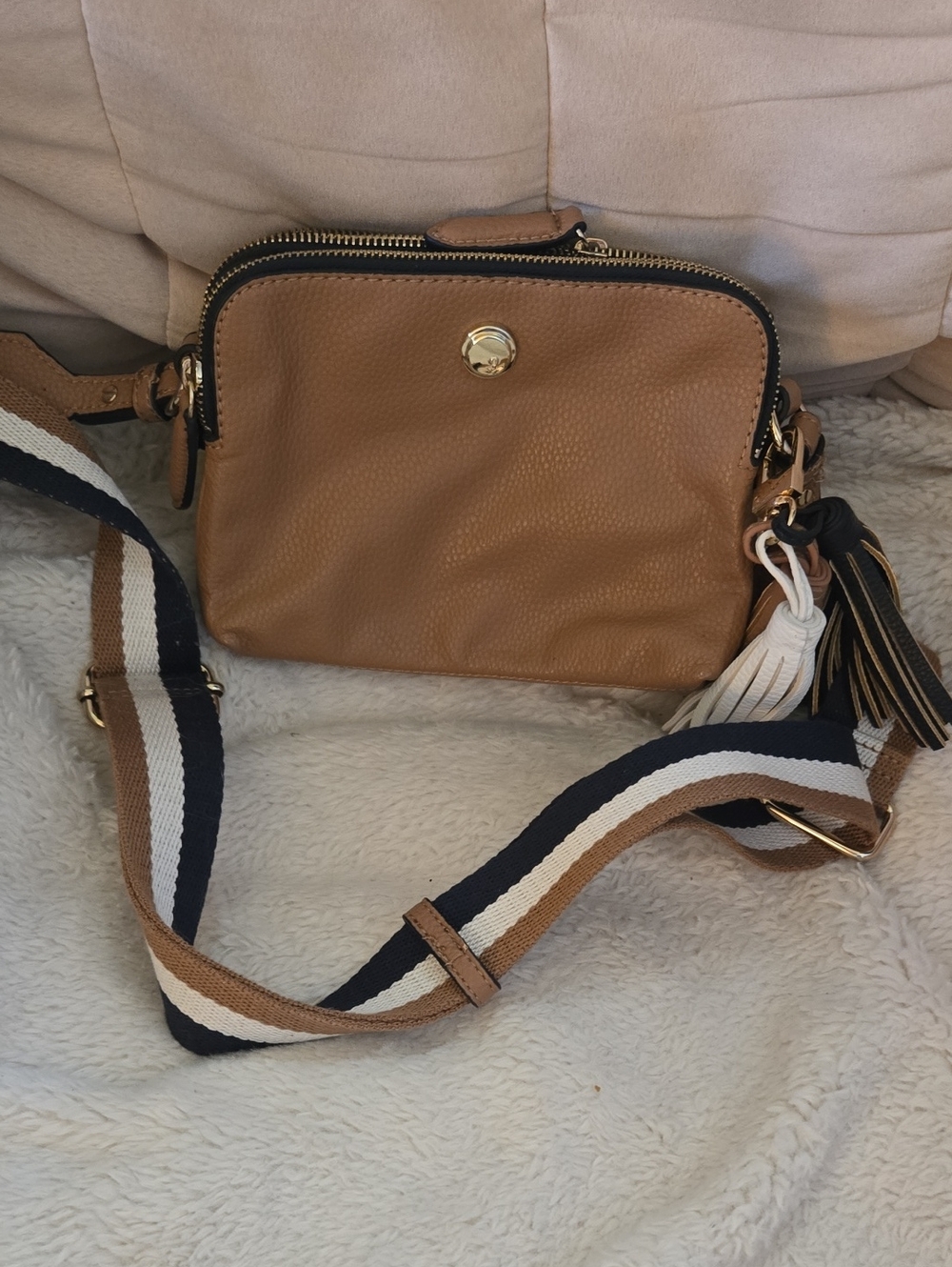 Tan Leather Crossbody Bag with Striped Adjustable Strap